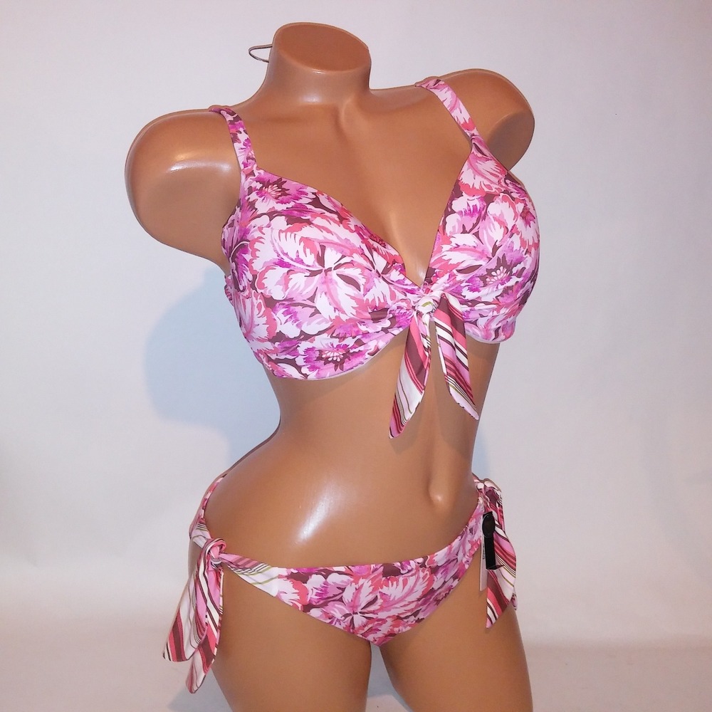 Victoria Secret Swim Bikini 36DD Top Large Bottom Pink Floral Stripe Push Up New